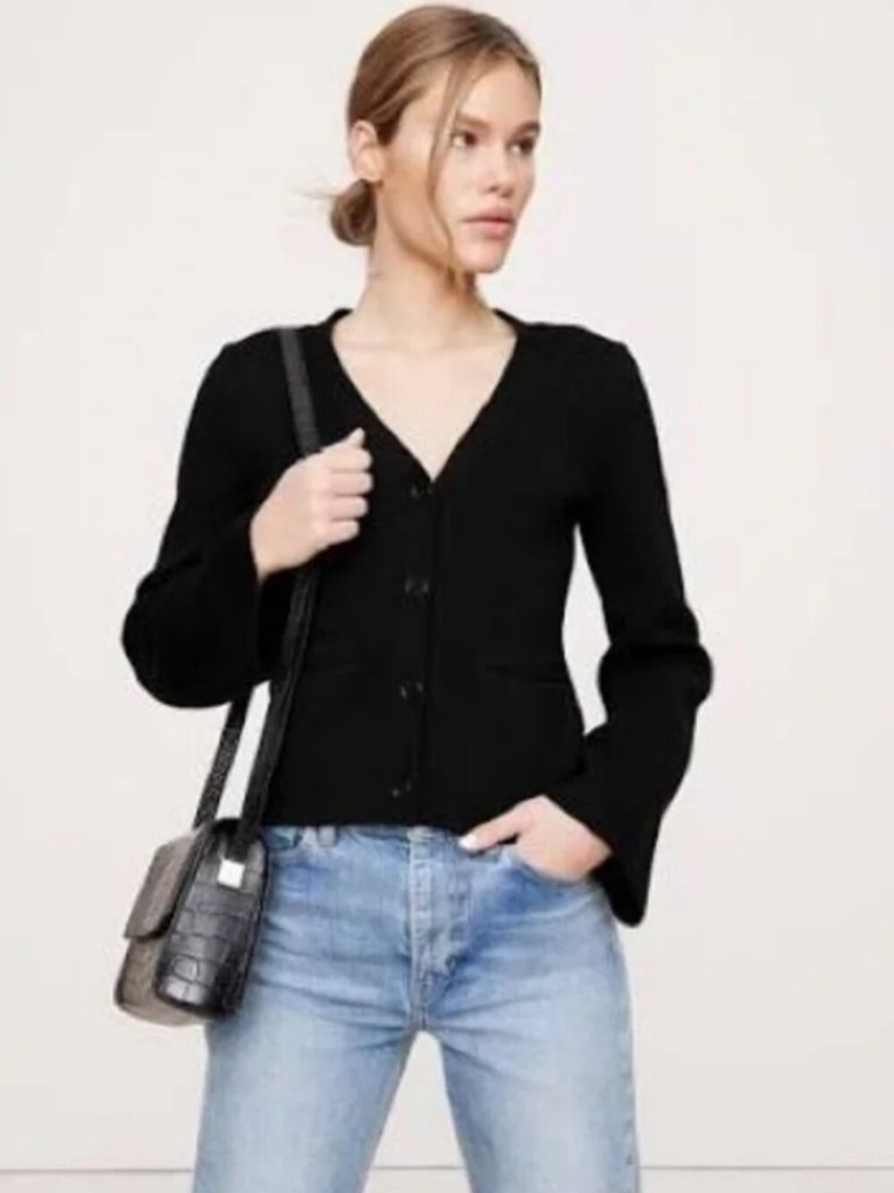 Banana Republic Flare Sleeve Cotton Silk Cardigan In Black